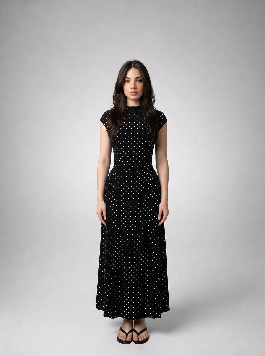 Solene Polka Dot Round Neck Cap Sleeve A Line Maxi Dress in Black