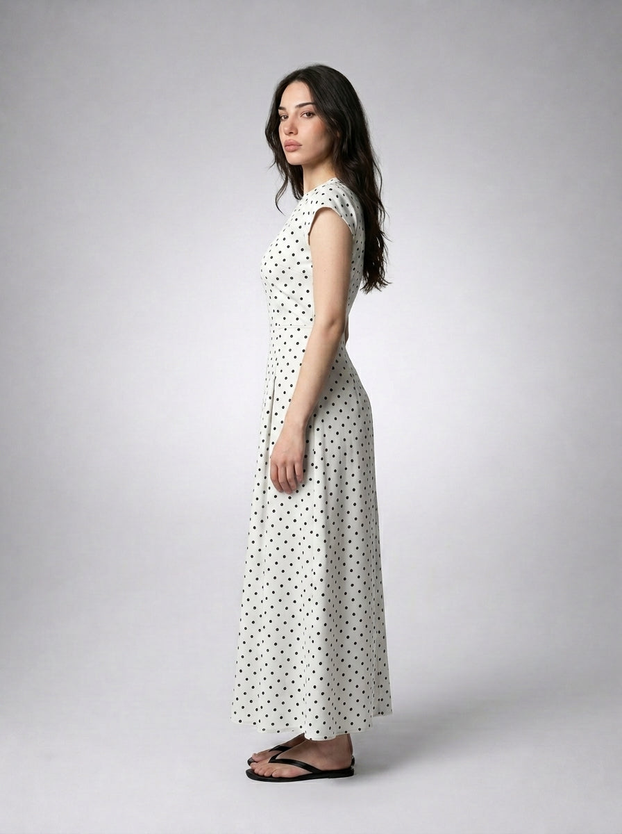 Solene Polka Dot Round Neck Cap Sleeve A Line Maxi Dress in Cream