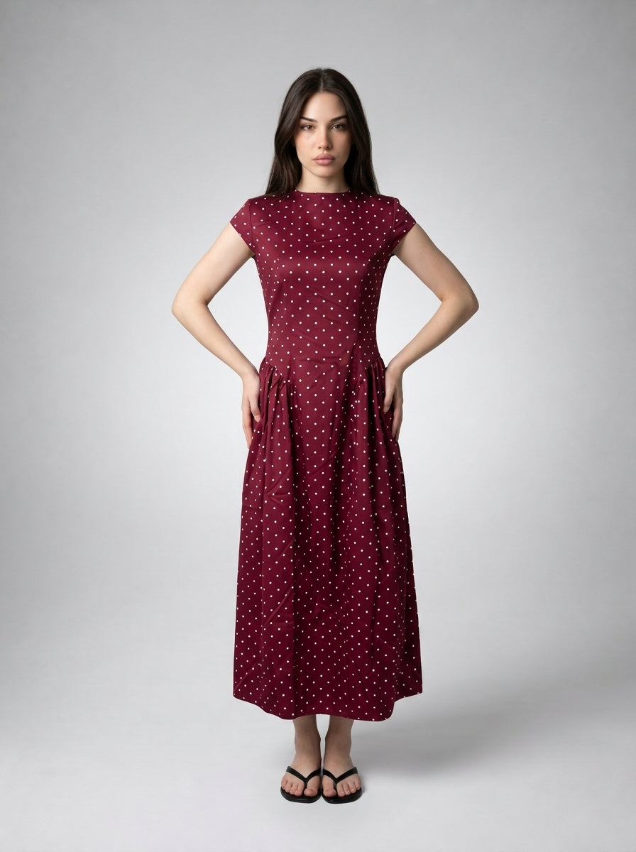 Solene Polka Dot Round Neck Cap Sleeve A Line Maxi Dress in Burgundy