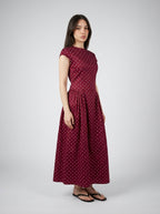Solene Polka Dot Round Neck Cap Sleeve A Line Maxi Dress in Burgundy