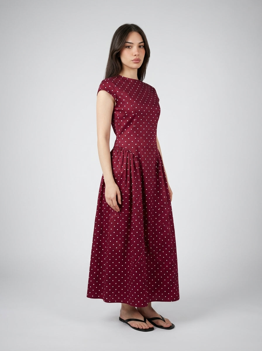 Solene Polka Dot Round Neck Cap Sleeve A Line Maxi Dress in Burgundy