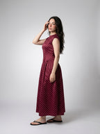 Solene Polka Dot Round Neck Cap Sleeve A Line Maxi Dress in Burgundy