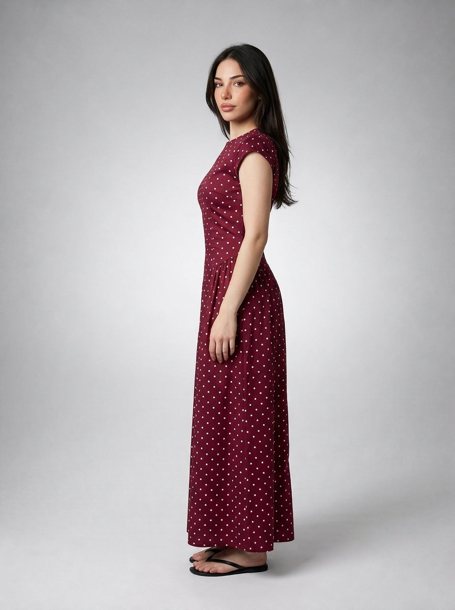 Solene Polka Dot Round Neck Cap Sleeve A Line Maxi Dress in Burgundy