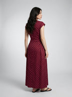 Solene Polka Dot Round Neck Cap Sleeve A Line Maxi Dress in Burgundy
