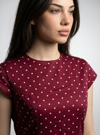 Solene Polka Dot Round Neck Cap Sleeve A Line Maxi Dress in Burgundy