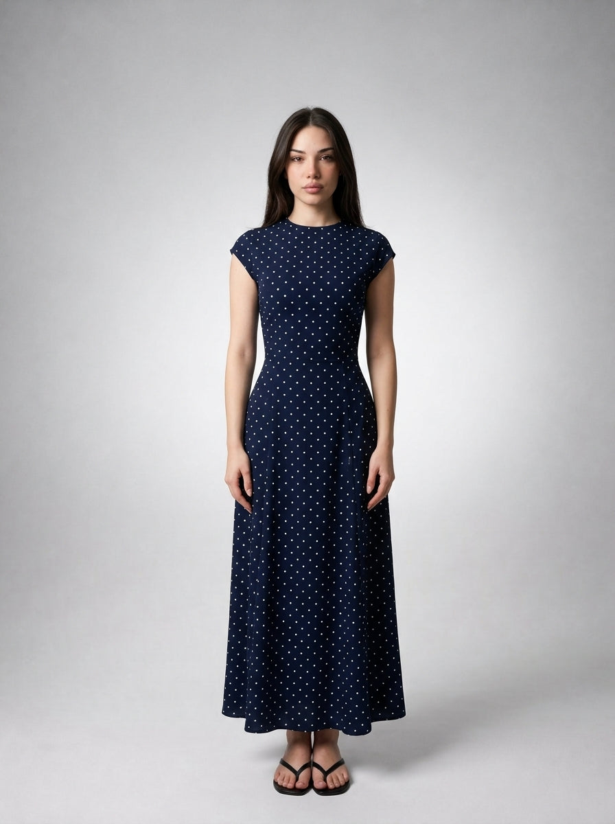 Solene Polka Dot Round Neck Cap Sleeve A Line Maxi Dress in Navy