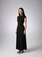 Solene Polka Dot Round Neck Cap Sleeve A Line Maxi Dress in Black