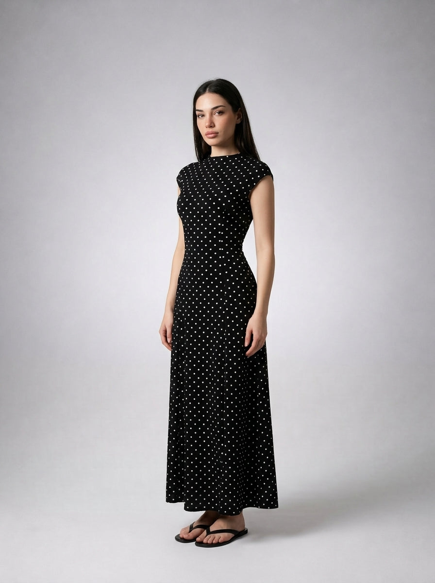 Solene Polka Dot Round Neck Cap Sleeve A Line Maxi Dress in Black