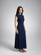 Solene Polka Dot Round Neck Cap Sleeve A Line Maxi Dress in Navy
