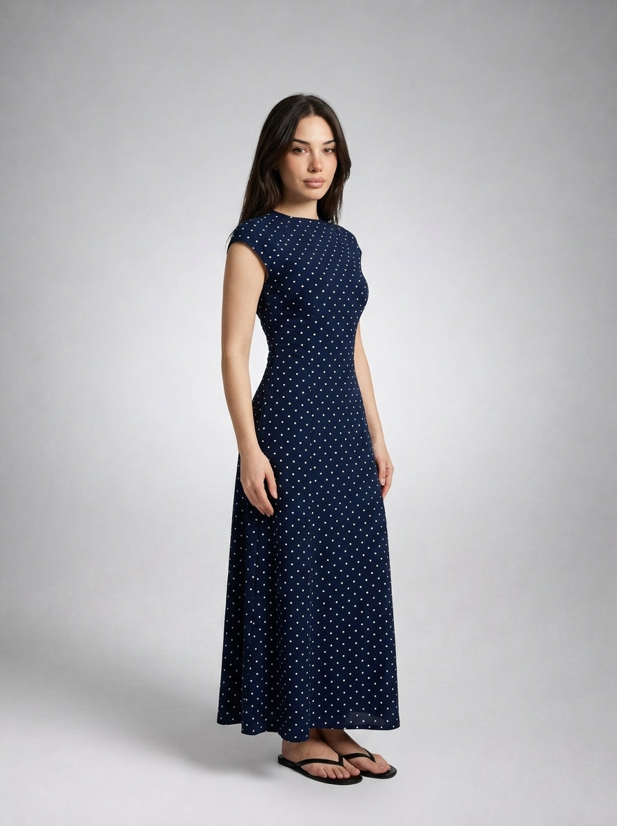 Solene Polka Dot Round Neck Cap Sleeve A Line Maxi Dress in Navy