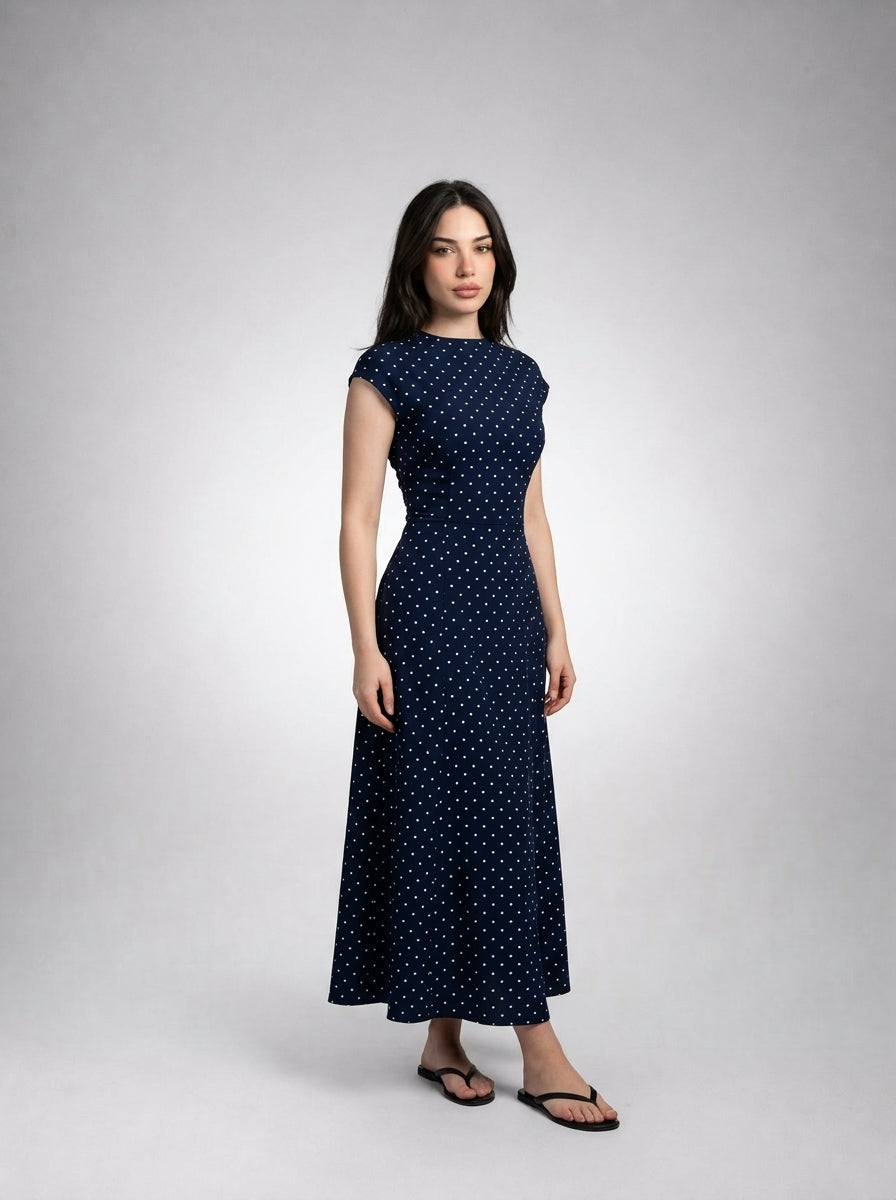 Solene Polka Dot Round Neck Cap Sleeve A Line Maxi Dress in Navy