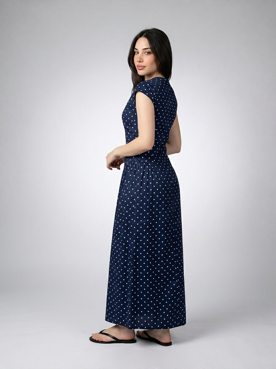 Solene Polka Dot Round Neck Cap Sleeve A Line Maxi Dress in Navy