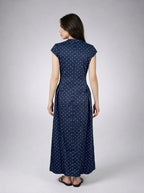 Solene Polka Dot Round Neck Cap Sleeve A Line Maxi Dress in Navy
