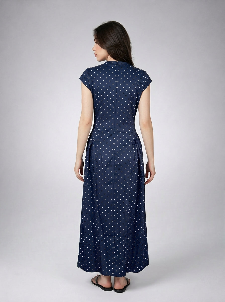 Solene Polka Dot Round Neck Cap Sleeve A Line Maxi Dress in Navy