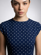 Solene Polka Dot Round Neck Cap Sleeve A Line Maxi Dress in Navy
