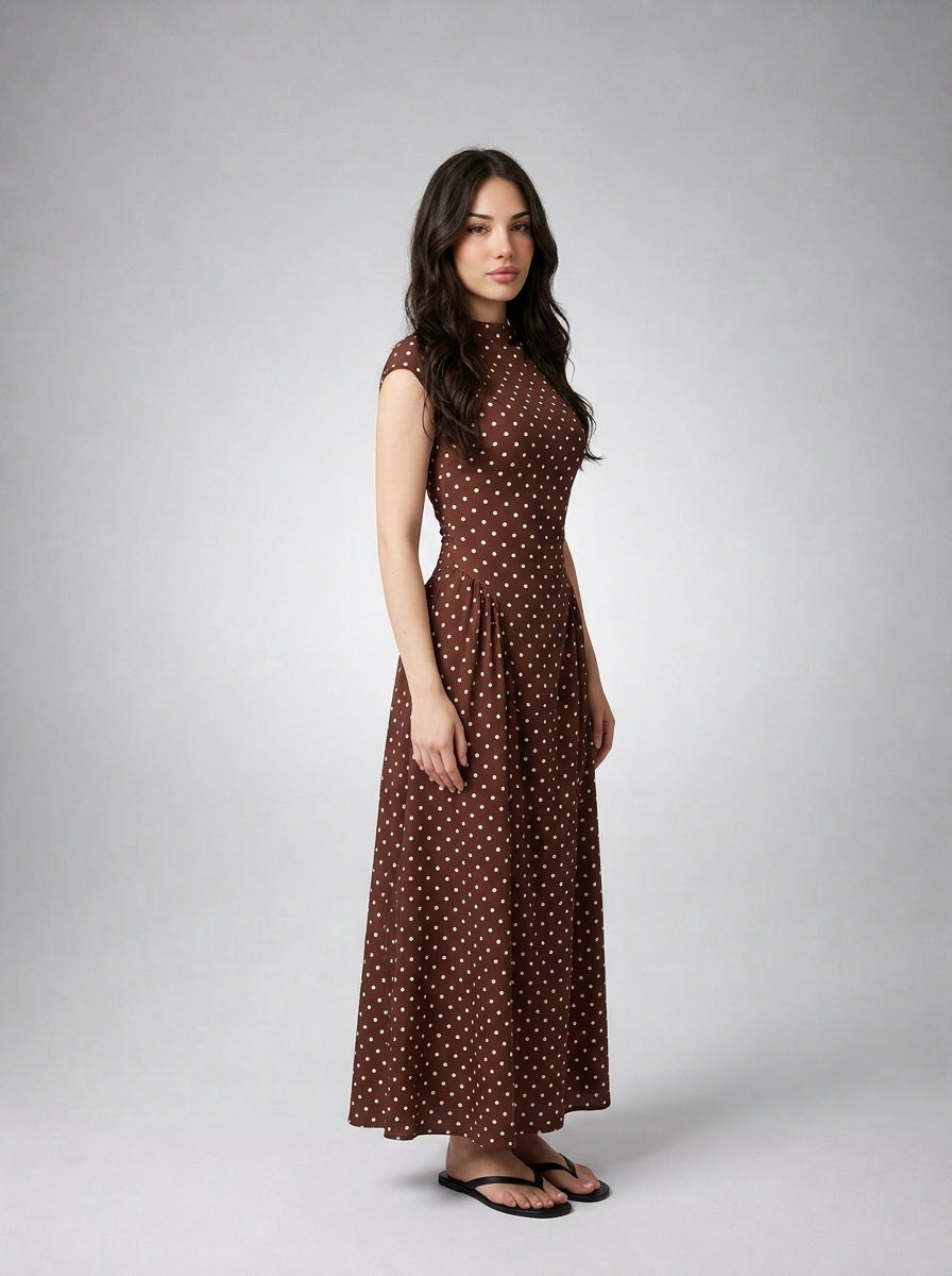 Solene Polka Dot Round Neck Cap Sleeve A Line Maxi Dress in Brown