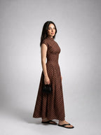 Solene Polka Dot Round Neck Cap Sleeve A Line Maxi Dress in Brown