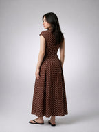 Solene Polka Dot Round Neck Cap Sleeve A Line Maxi Dress in Brown