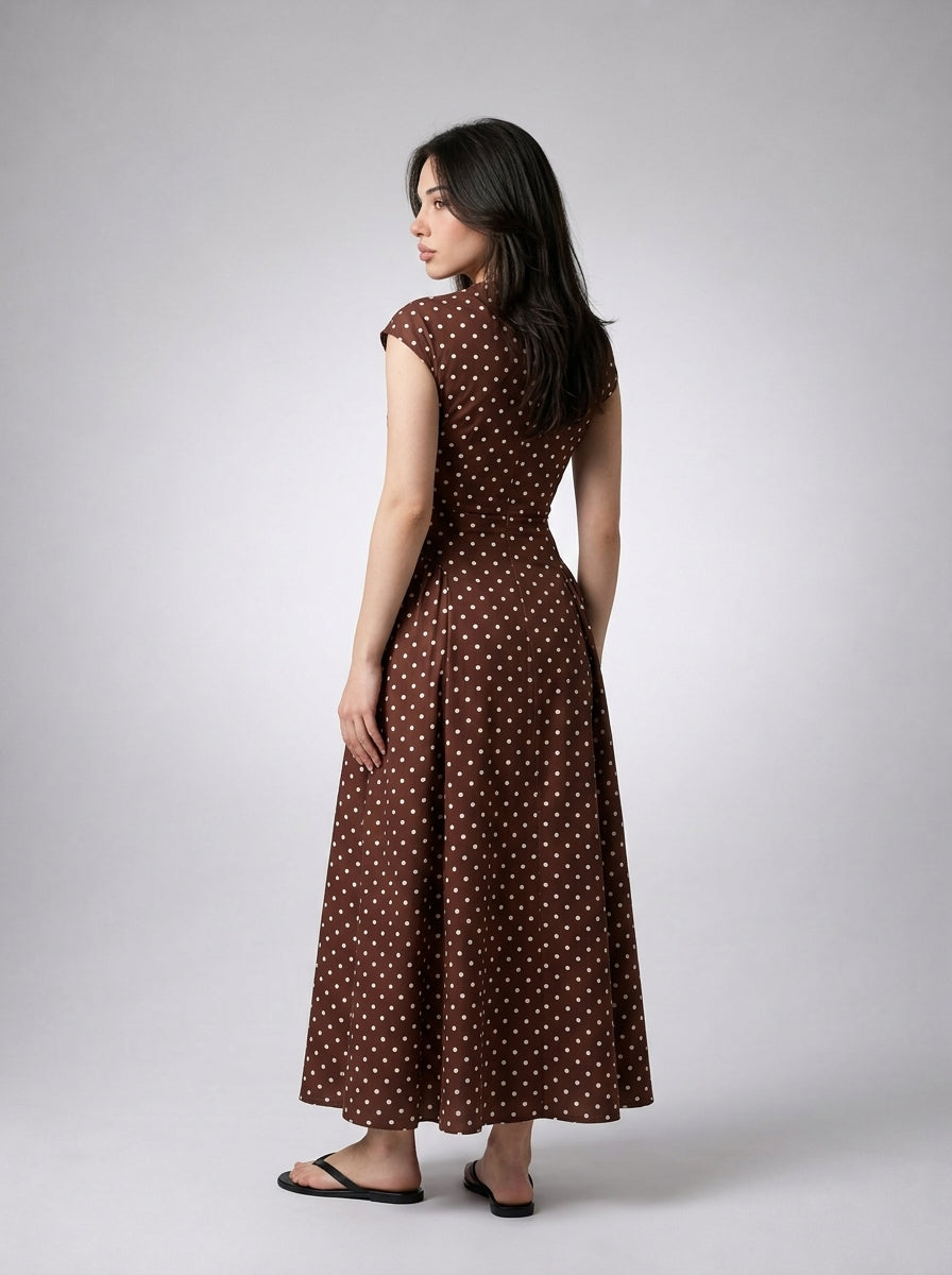 Solene Polka Dot Round Neck Cap Sleeve A Line Maxi Dress in Brown