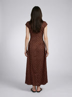 Solene Polka Dot Round Neck Cap Sleeve A Line Maxi Dress in Brown
