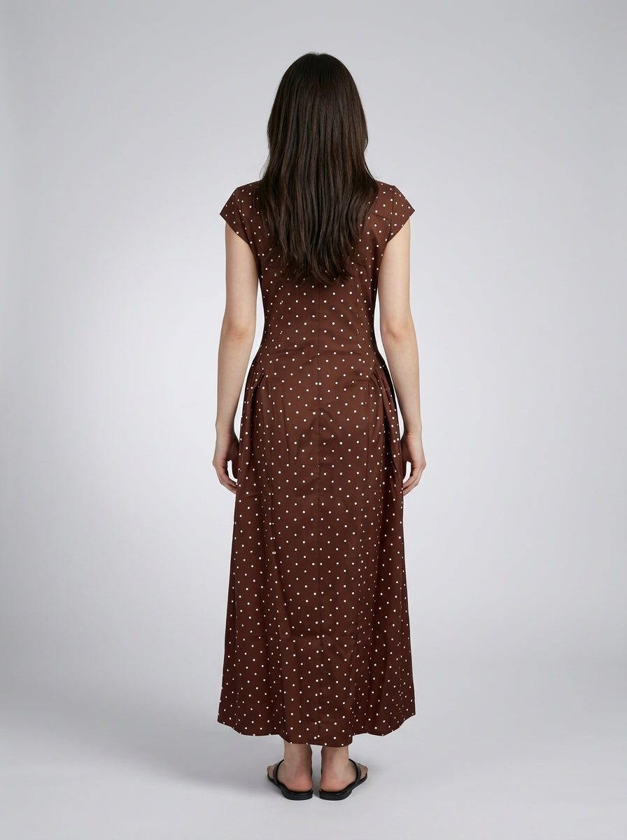 Solene Polka Dot Round Neck Cap Sleeve A Line Maxi Dress in Brown