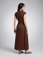 Solene Polka Dot Round Neck Cap Sleeve A Line Maxi Dress in Brown