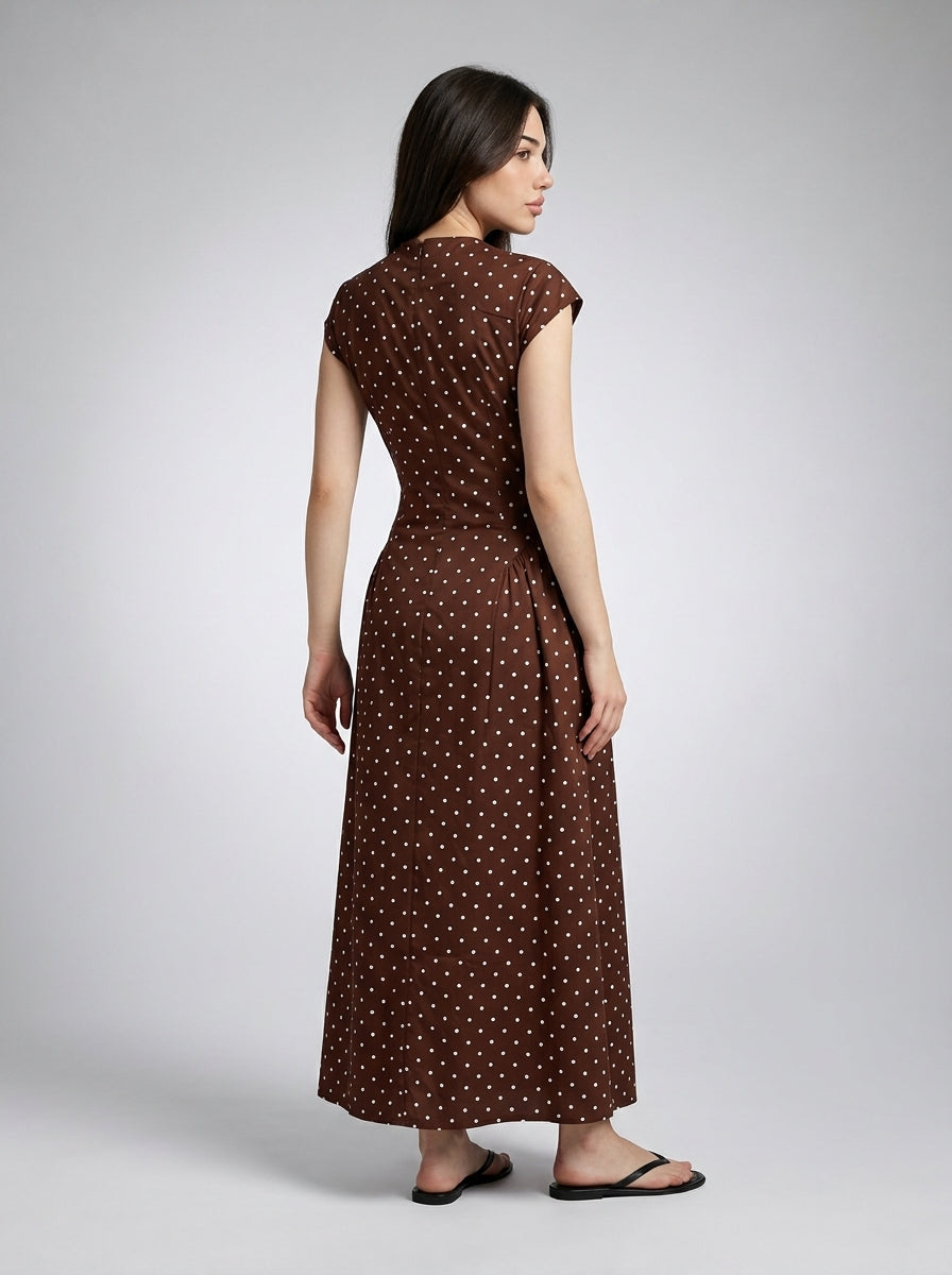 Solene Polka Dot Round Neck Cap Sleeve A Line Maxi Dress in Brown