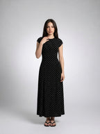 Solene Polka Dot Round Neck Cap Sleeve A Line Maxi Dress in Black
