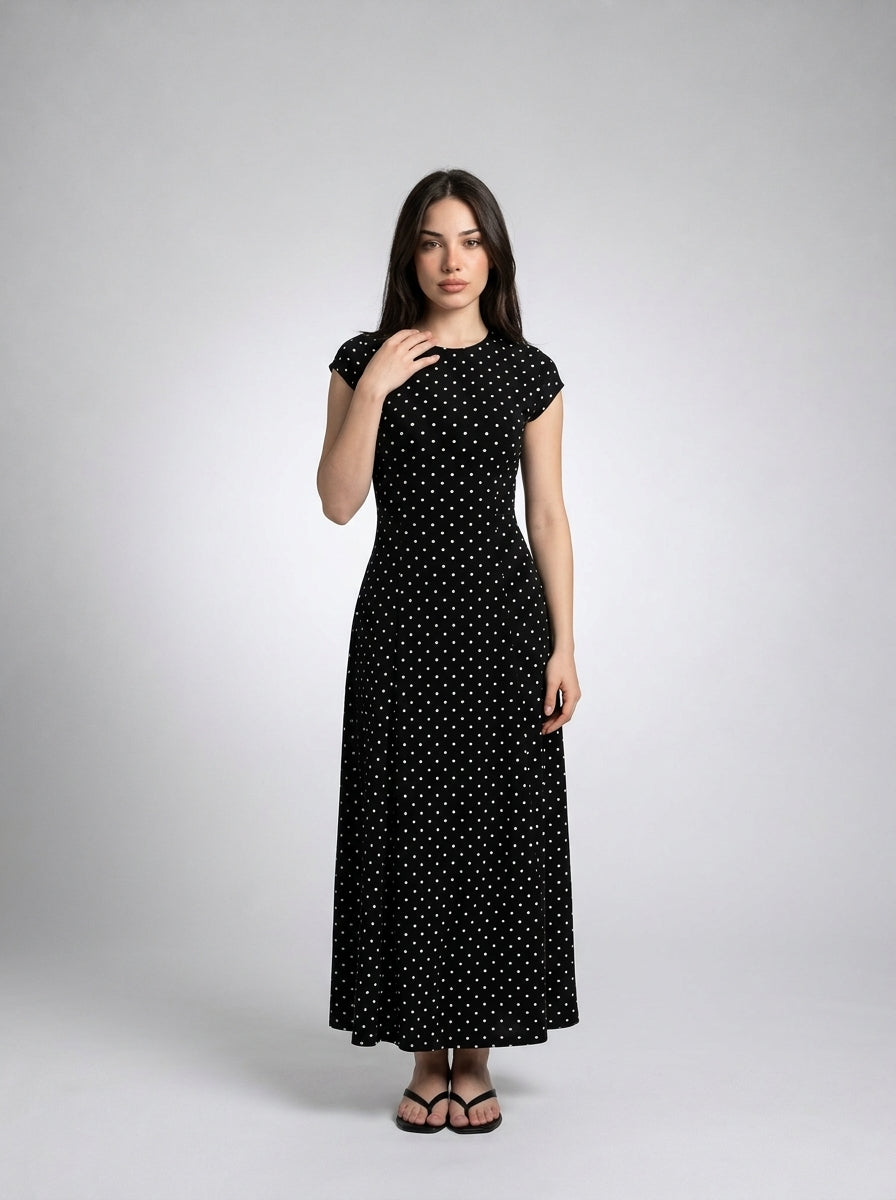 Solene Polka Dot Round Neck Cap Sleeve A Line Maxi Dress in Black