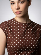 Solene Polka Dot Round Neck Cap Sleeve A Line Maxi Dress in Brown