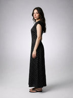 Solene Polka Dot Round Neck Cap Sleeve A Line Maxi Dress in Black