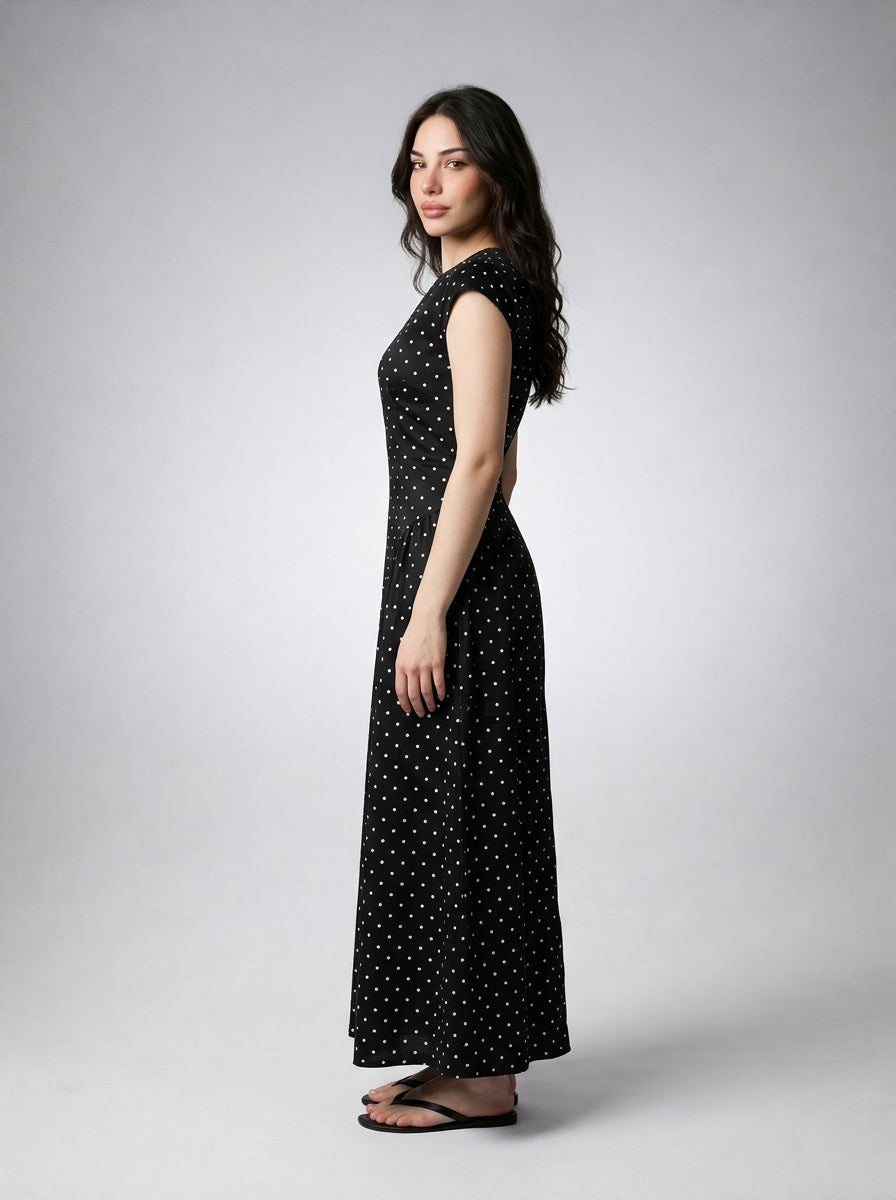 Solene Polka Dot Round Neck Cap Sleeve A Line Maxi Dress in Black