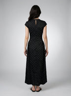 Solene Polka Dot Round Neck Cap Sleeve A Line Maxi Dress in Black