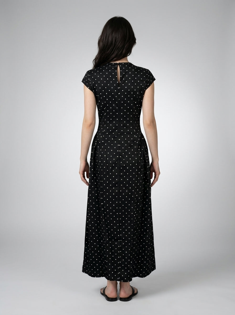 Solene Polka Dot Round Neck Cap Sleeve A Line Maxi Dress in Black