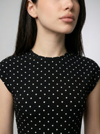 Solene Polka Dot Round Neck Cap Sleeve A Line Maxi Dress in Black