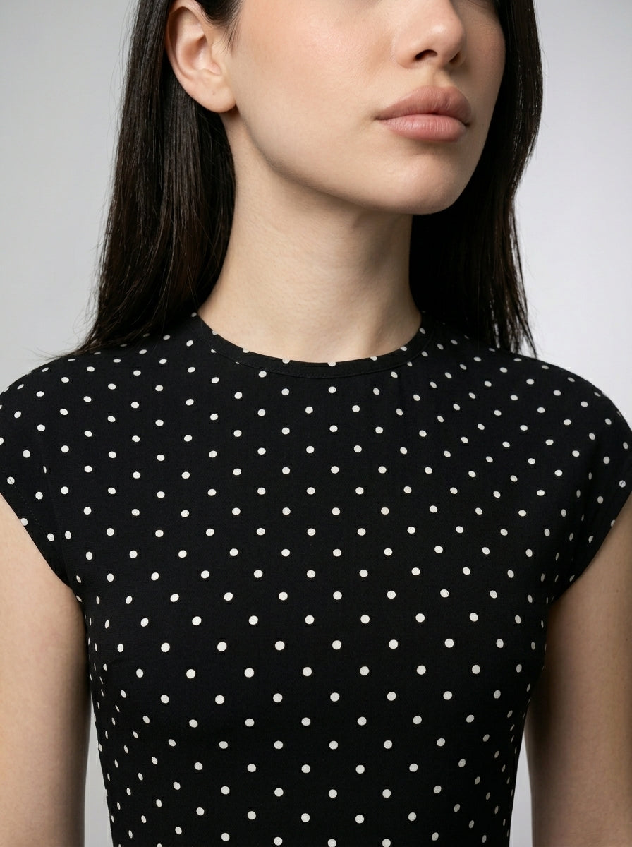 Solene Polka Dot Round Neck Cap Sleeve A Line Maxi Dress in Black