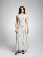 Solene Polka Dot Round Neck Cap Sleeve A Line Maxi Dress in Cream