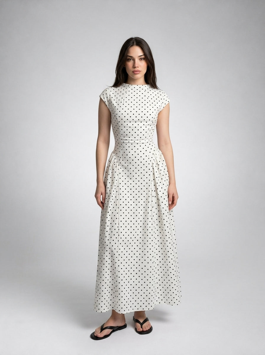 Solene Polka Dot Round Neck Cap Sleeve A Line Maxi Dress in Cream