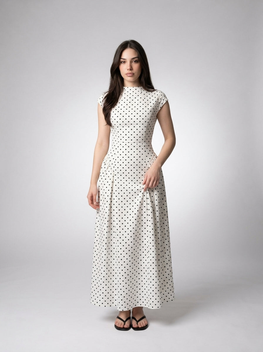 Solene Polka Dot Round Neck Cap Sleeve A Line Maxi Dress in Cream