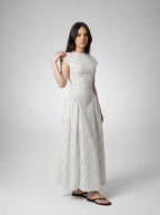 Solene Polka Dot Round Neck Cap Sleeve A Line Maxi Dress in Cream
