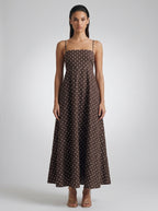 Wren Polka Dot Square Neck Spaghetti Strap Maxi Dress in Brown