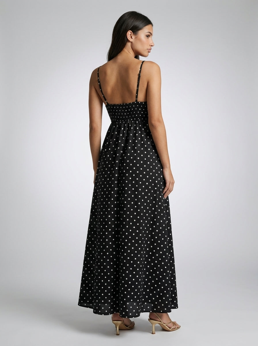 Wren Polka Dot Square Neck Spaghetti Strap Maxi Dress in Black