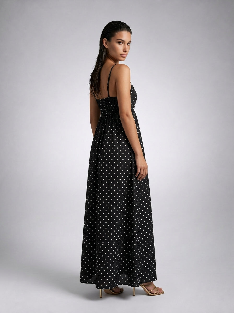 Wren Polka Dot Square Neck Spaghetti Strap Maxi Dress in Black