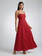 Wren Polka Dot Square Neck Spaghetti Strap Maxi Dress in Red