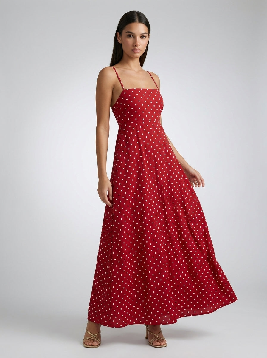 Wren Polka Dot Square Neck Spaghetti Strap Maxi Dress in Red