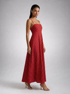 Wren Polka Dot Square Neck Spaghetti Strap Maxi Dress in Red