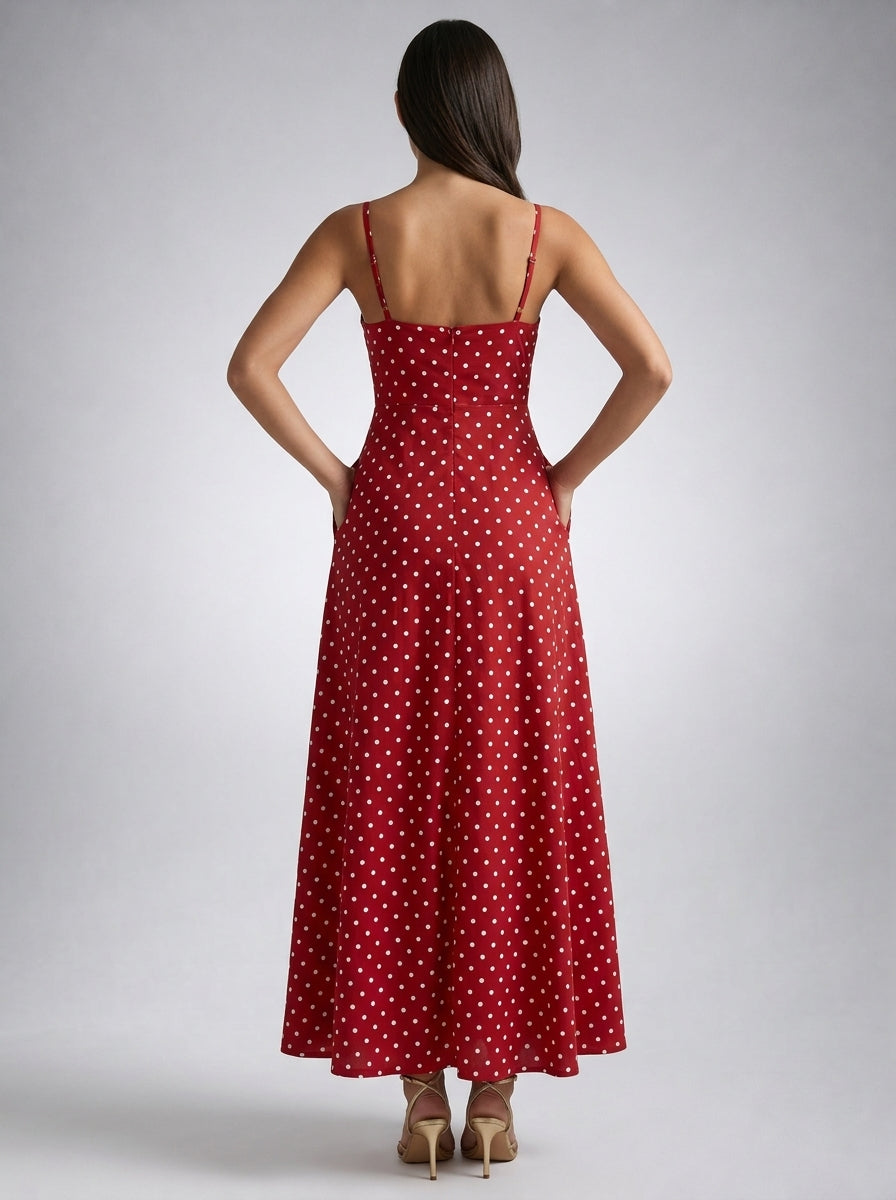 Wren Polka Dot Square Neck Spaghetti Strap Maxi Dress in Red