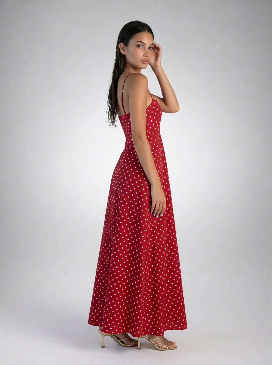 Wren Polka Dot Square Neck Spaghetti Strap Maxi Dress in Red