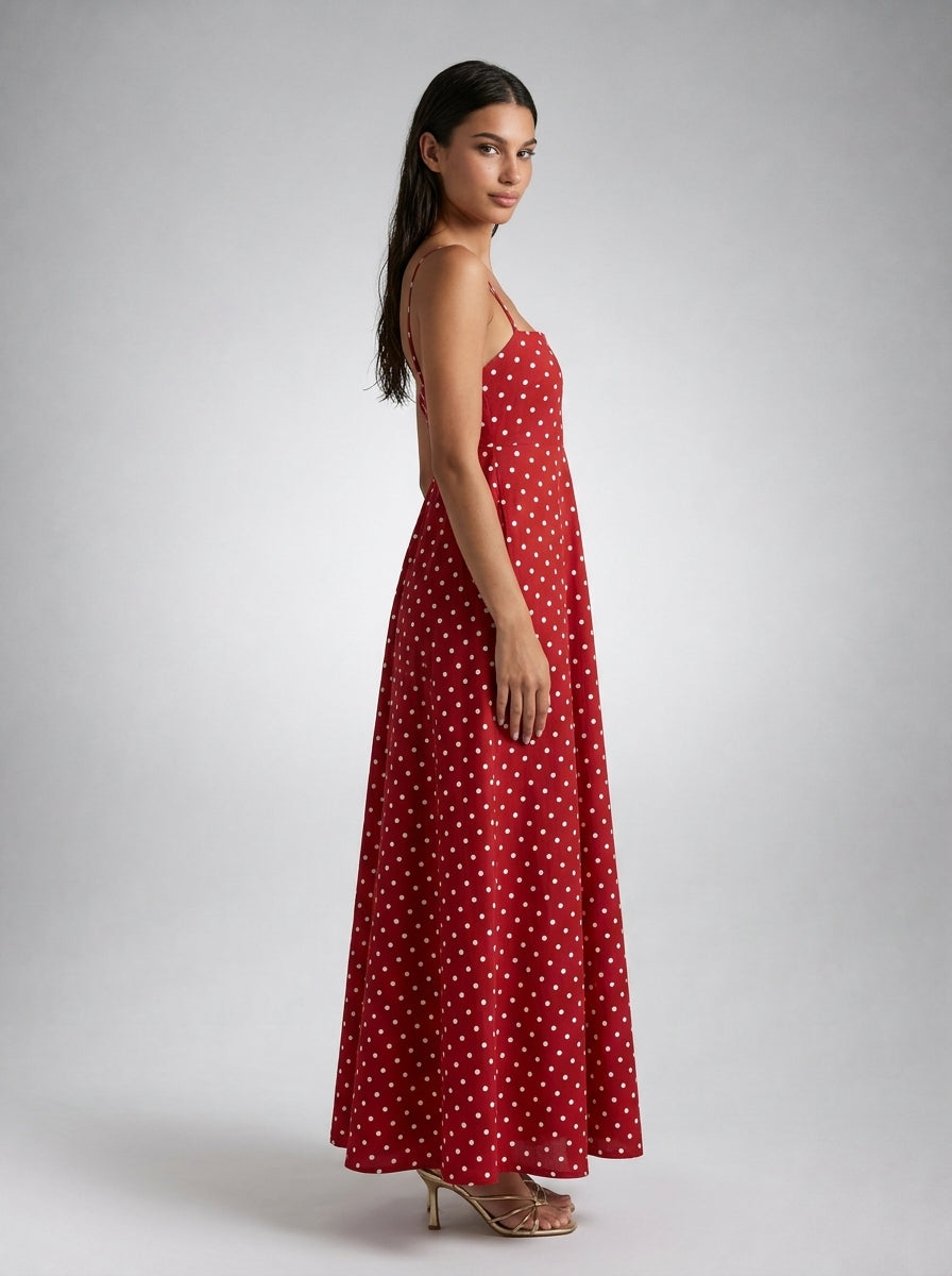 Wren Polka Dot Square Neck Spaghetti Strap Maxi Dress in Red
