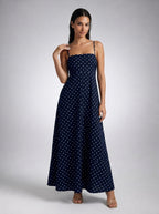 Wren Polka Dot Square Neck Spaghetti Strap Maxi Dress in Navy